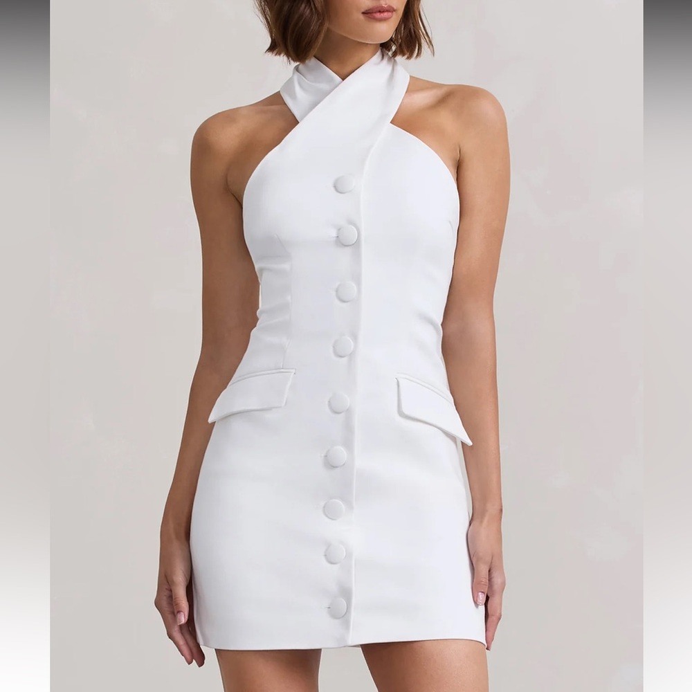 DANI WHITE HALTER NECK TAILORED BUTTONED BODYCON MINI DRESS